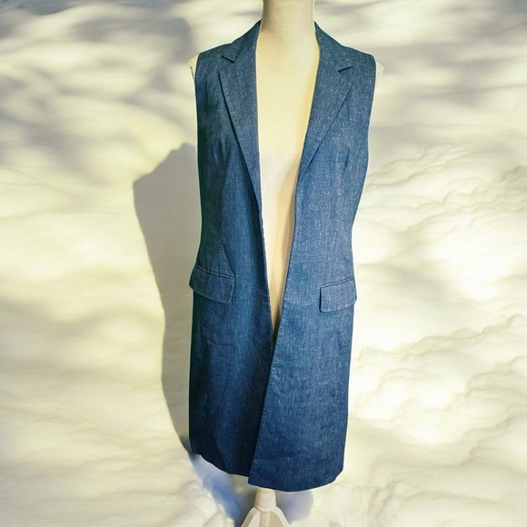 MICHAEL Michael Kors Jackets & Blazers - MICHAEL Michael Kors Linen-Blend Collared Longline Vest in Indigo Blue Size 6